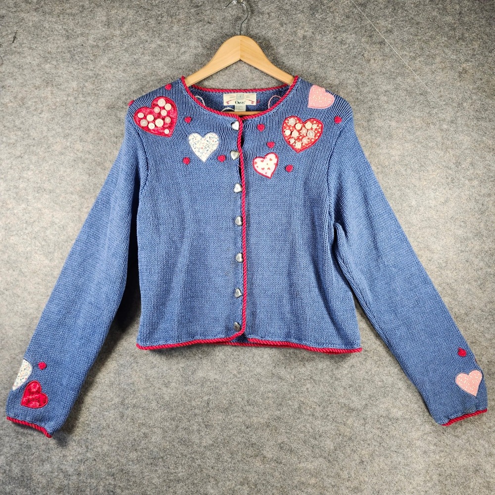 VTG‎ Orvis Heart Patchwork Cardigan Sweater Blue Women M Grannycore Cottagecore